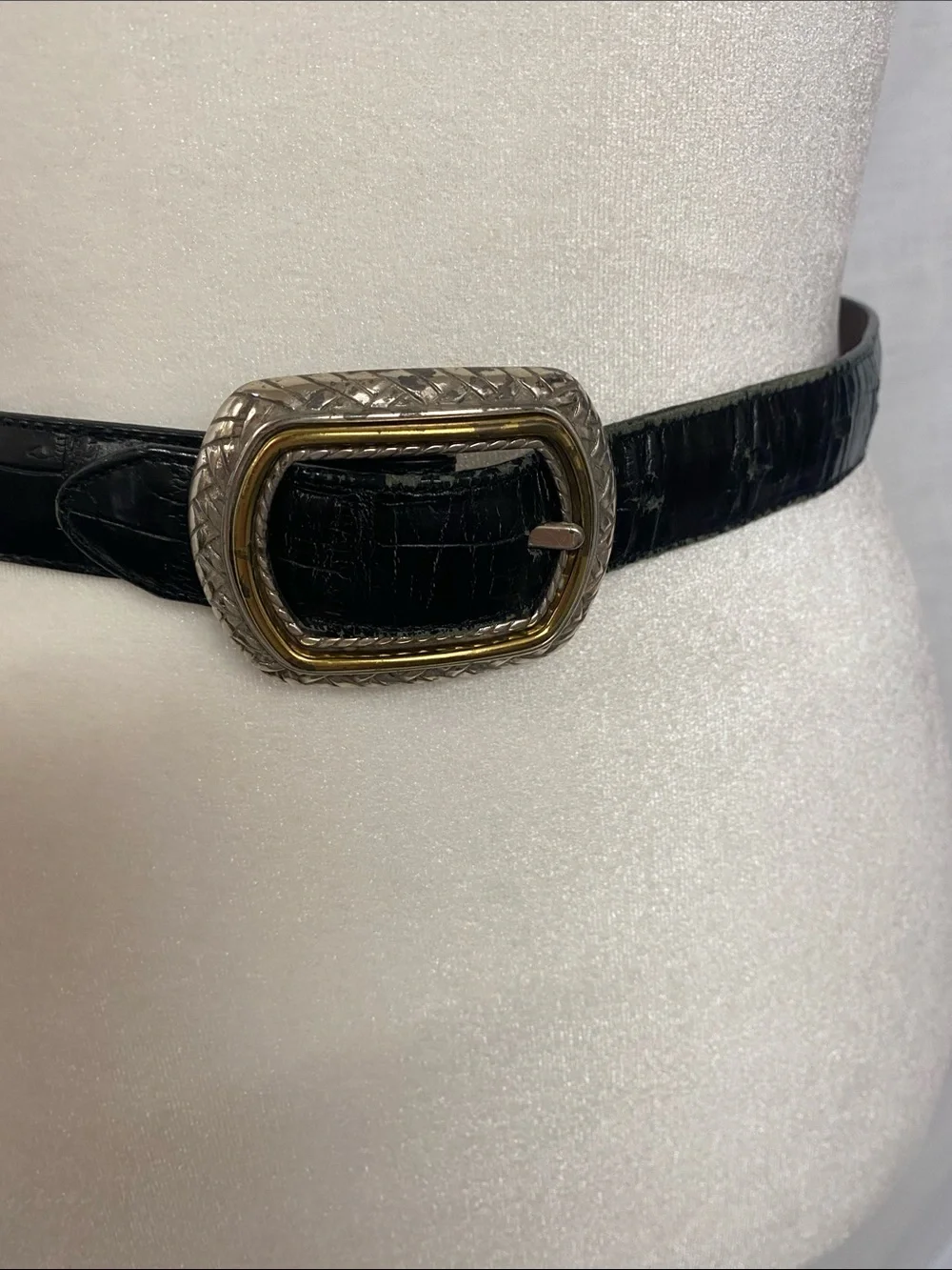 Croc-Effect Black Leather Belt with Ornate Gold Buckle